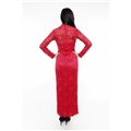 Vneck Scalloped Lace Maxi Dress - Red